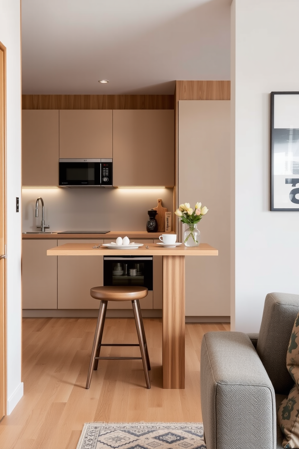 A narrow apartment design featuring a fold-down bed seamlessly integrated into the living space. The bed is cleverly concealed within a stylish wooden cabinet that also includes shelving for books and decor. The living area is brightened by large windows that allow natural light to flood in. A minimalist sofa and a small coffee table provide a cozy seating area, while the walls are painted in a light neutral color to enhance the sense of space.