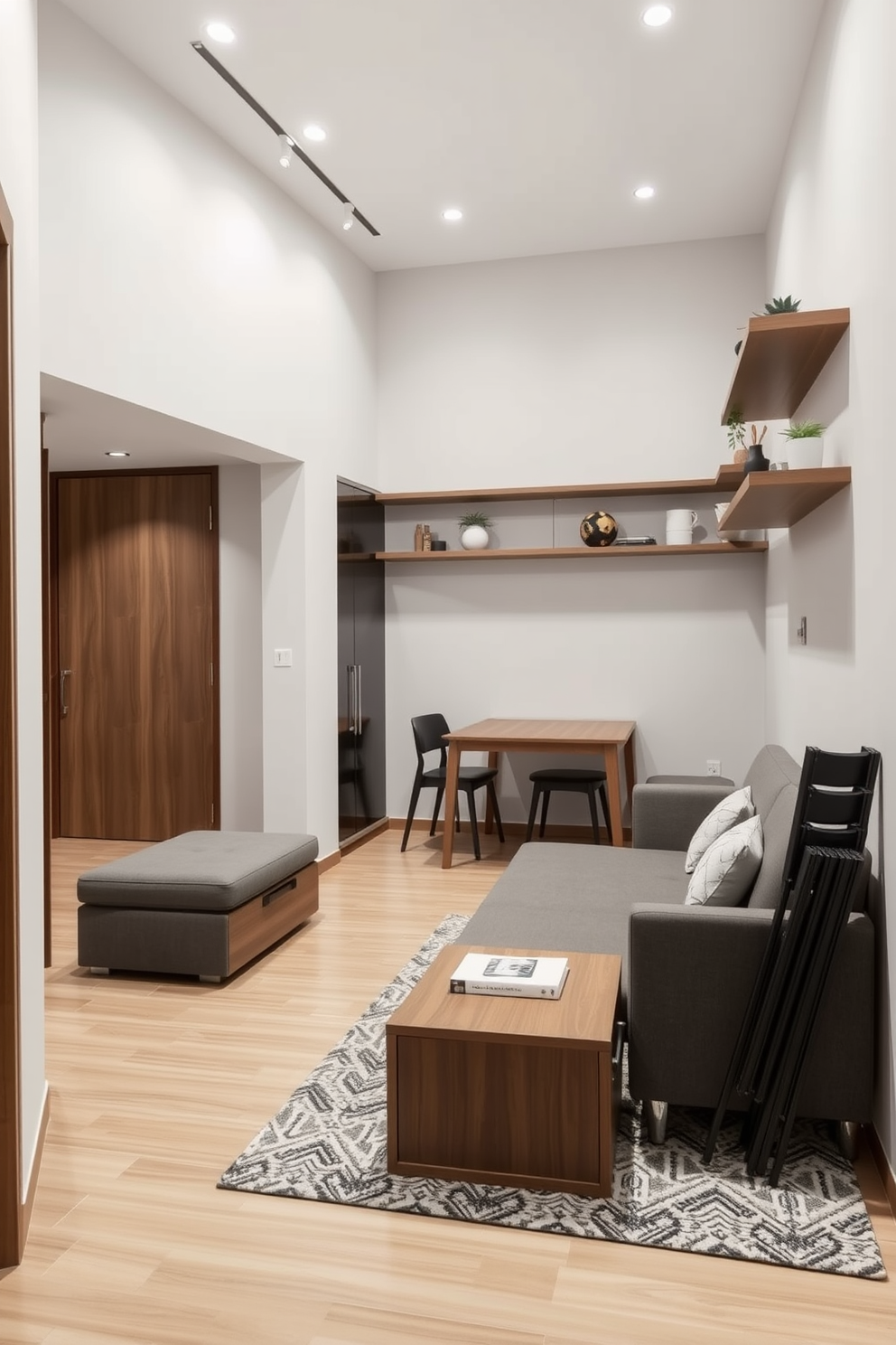 A narrow apartment design featuring light-colored walls and decor to create an airy and spacious feel. The living area includes a sleek sofa with soft cushions and a minimalist coffee table, complemented by large windows allowing natural light to flood the space. In the kitchen, light wood cabinetry and white countertops enhance the open layout, while a small dining table with light seating maximizes functionality. Decorative elements like potted plants and soft textiles add warmth and personality to the overall design.