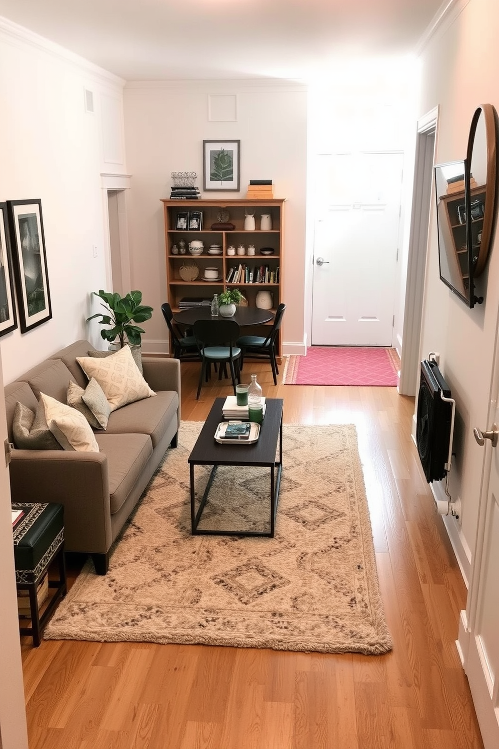 A narrow apartment features an open layout with a minimalist aesthetic. The living area is adorned with a sleek wall-mounted light fixture that illuminates the space without taking up valuable floor area. The kitchen is designed with compact appliances and clever storage solutions. A small dining table is placed against the wall, complemented by wall-mounted shelves displaying decorative items.