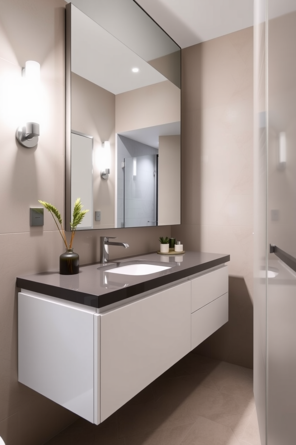 Sleek modern vanity featuring integrated storage options is positioned against a wall in a narrow bathroom. The design incorporates clean lines and a minimalist aesthetic, complemented by stylish hardware and a light color palette.