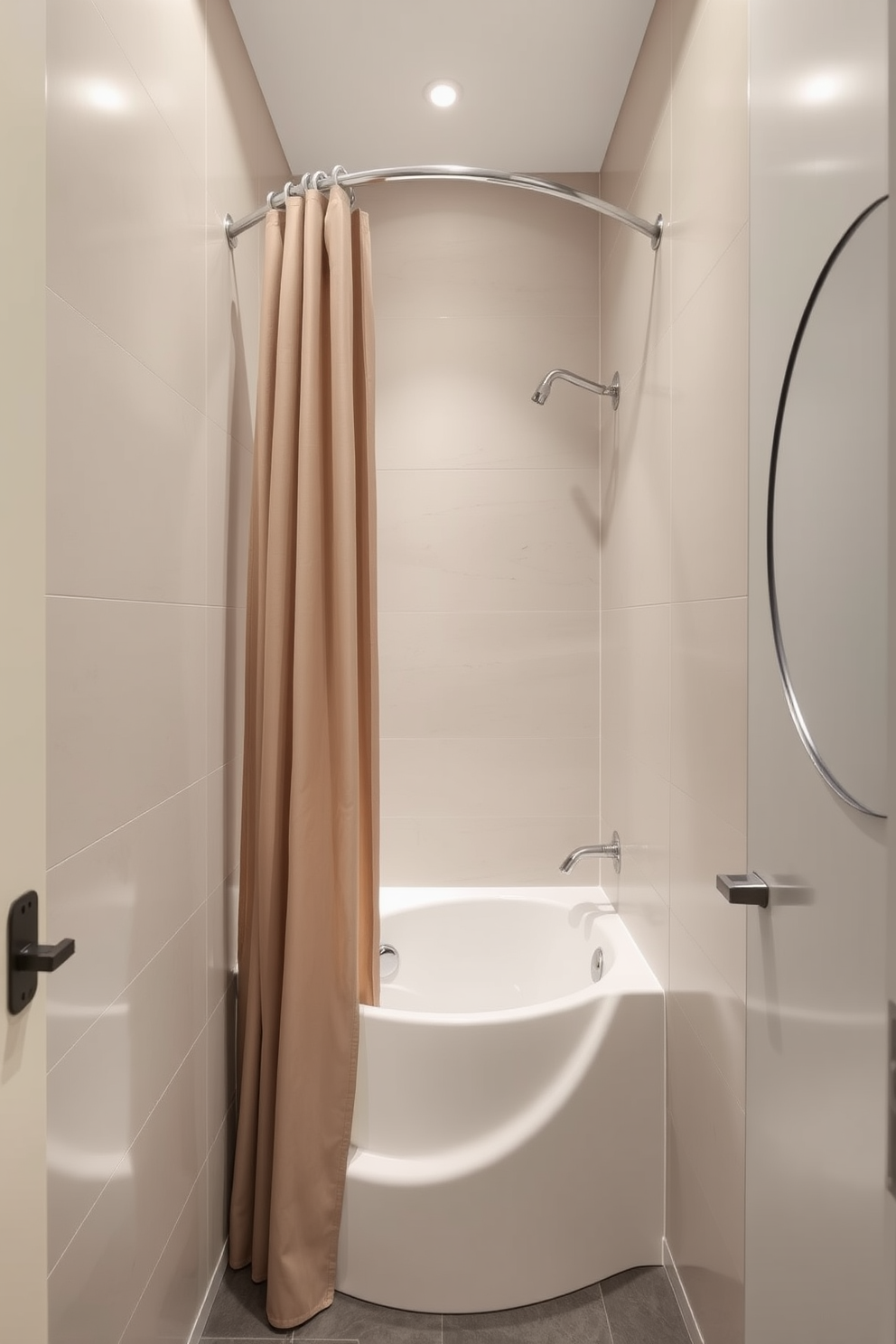 A compact corner tub is elegantly integrated into a narrow bathroom layout, maximizing space while maintaining style. The walls are adorned with sleek tiles in soft neutral tones, and a stylish shower curtain adds a touch of sophistication. A minimalist vanity with a round mirror complements the tub, providing functionality without clutter. Thoughtfully placed lighting fixtures enhance the ambiance, creating a serene and inviting atmosphere.