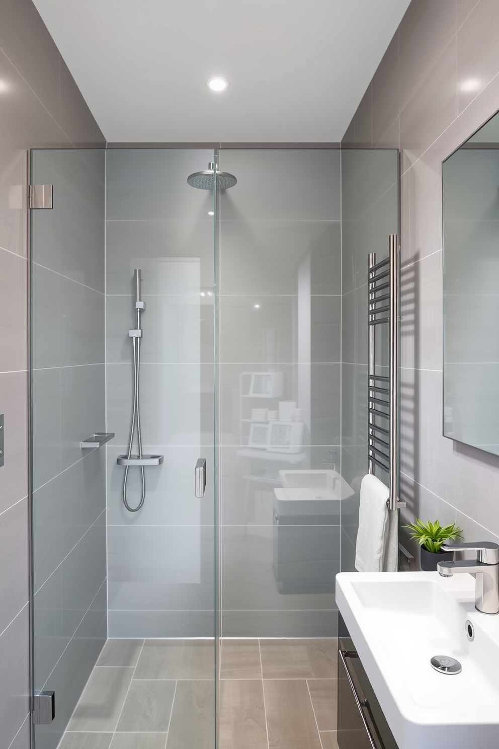 A modern wet room featuring a seamless glass shower enclosure with rainfall showerhead and minimalist fixtures. The walls are adorned with large format tiles in soft gray tones, creating a spacious feel despite the narrow layout. On one side, a sleek wall-mounted sink with a floating vanity offers essential storage while maintaining an open look. A stylish towel rack is integrated into the design, and a small potted plant adds a touch of greenery to the space.