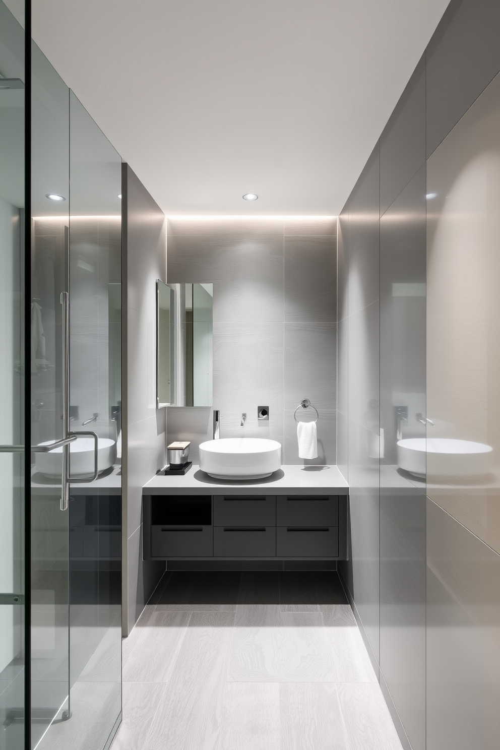 A sleek narrow bathroom featuring integrated lighting that highlights the clean lines and contemporary fixtures. The walls are adorned with large format tiles in a soft gray, while the floating vanity boasts a minimalist design with a polished countertop and stylish under-mount sink.