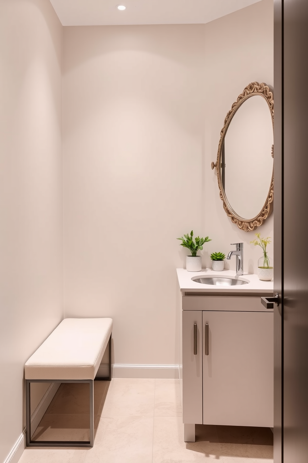 A narrow bathroom design that maximizes space while maintaining elegance. The walls are painted in a soft neutral tone, and a sleek bench is placed against one side, offering both comfort and style. A minimalist vanity with a polished sink is positioned opposite the bench, featuring clean lines and ample storage. Accents of greenery are added with small potted plants on the vanity and a decorative mirror above it, enhancing the overall aesthetic.