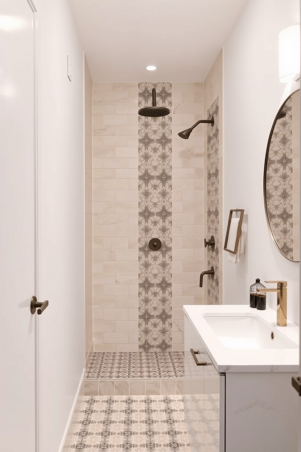 A narrow bathroom design featuring a sleek wall-mounted faucet above a minimalist sink. The walls are adorned with soft gray tiles, and the floor showcases light wood planks for a warm touch. A floating vanity with clean lines complements the space, offering storage without bulk. Accents of greenery are added with small potted plants on the countertop, enhancing the airy feel of the design.