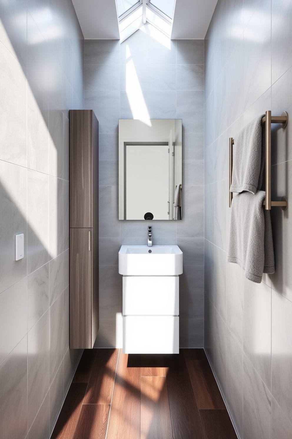 A narrow bathroom design featuring a sleek freestanding tub positioned against a wall. The tub is complemented by a minimalist floor-mounted faucet and surrounded by elegant wall sconces that provide soft lighting. The walls are adorned with subtle textured tiles in a light gray hue, while the floor showcases a chic herringbone pattern in contrasting dark tones. A narrow wooden shelf above the tub holds decorative items and fresh greenery, enhancing the serene atmosphere.