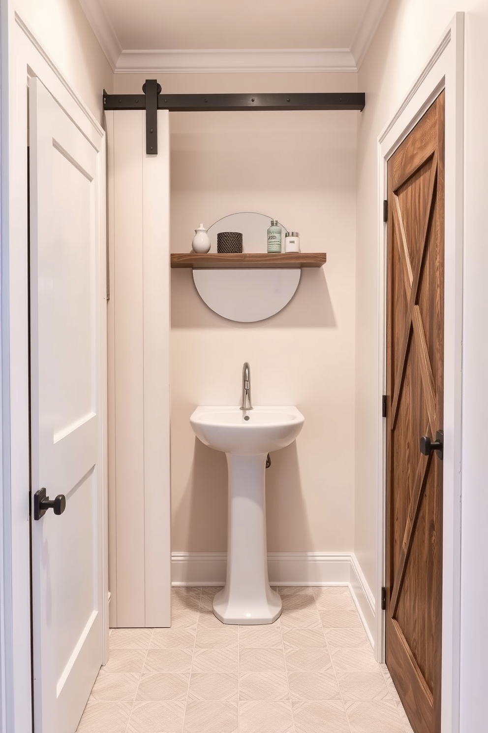 A charming narrow bathroom design features a sliding barn door that adds a rustic touch. The walls are painted in a soft, light color to create an illusion of space, while the floor is adorned with elegant, textured tiles. The bathroom includes a sleek pedestal sink paired with a modern faucet, maximizing floor space. Floating shelves above the sink provide stylish storage for toiletries and decorative accents.