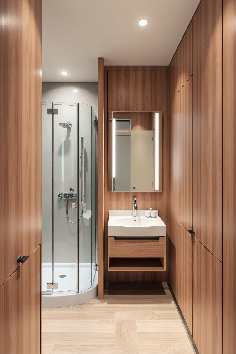 A narrow bathroom design featuring compact fixtures that maximize space efficiency. The walls are painted in a light neutral tone, enhancing the sense of openness while a sleek, wall-mounted sink saves valuable floor area. Incorporate a mirrored cabinet above the sink to provide storage without sacrificing style. The flooring showcases a subtle geometric pattern that adds visual interest without overwhelming the space.