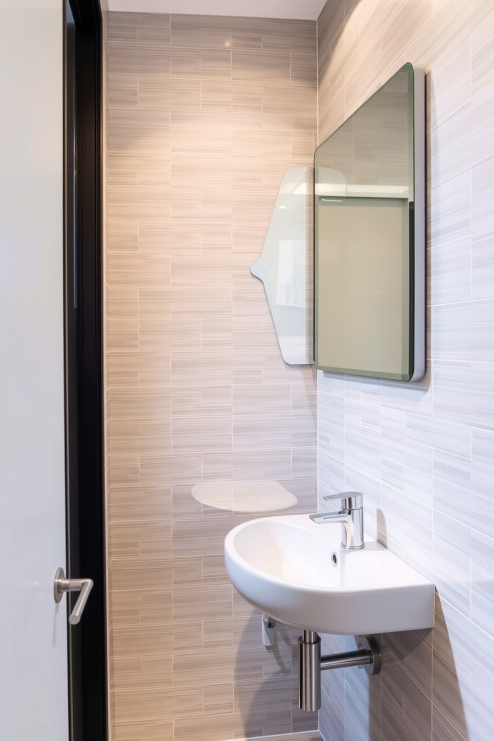 A narrow bathroom design featuring sleek under-sink storage solutions that maximize space efficiency. The cabinetry is finished in a soft white hue with minimalist handles, and the countertop is a smooth quartz with a subtle veining pattern. The walls are adorned with light gray tiles that create an illusion of depth, while a full-length mirror enhances the brightness of the room. A small potted plant adds a touch of greenery, placed on the edge of the sink for a refreshing look.