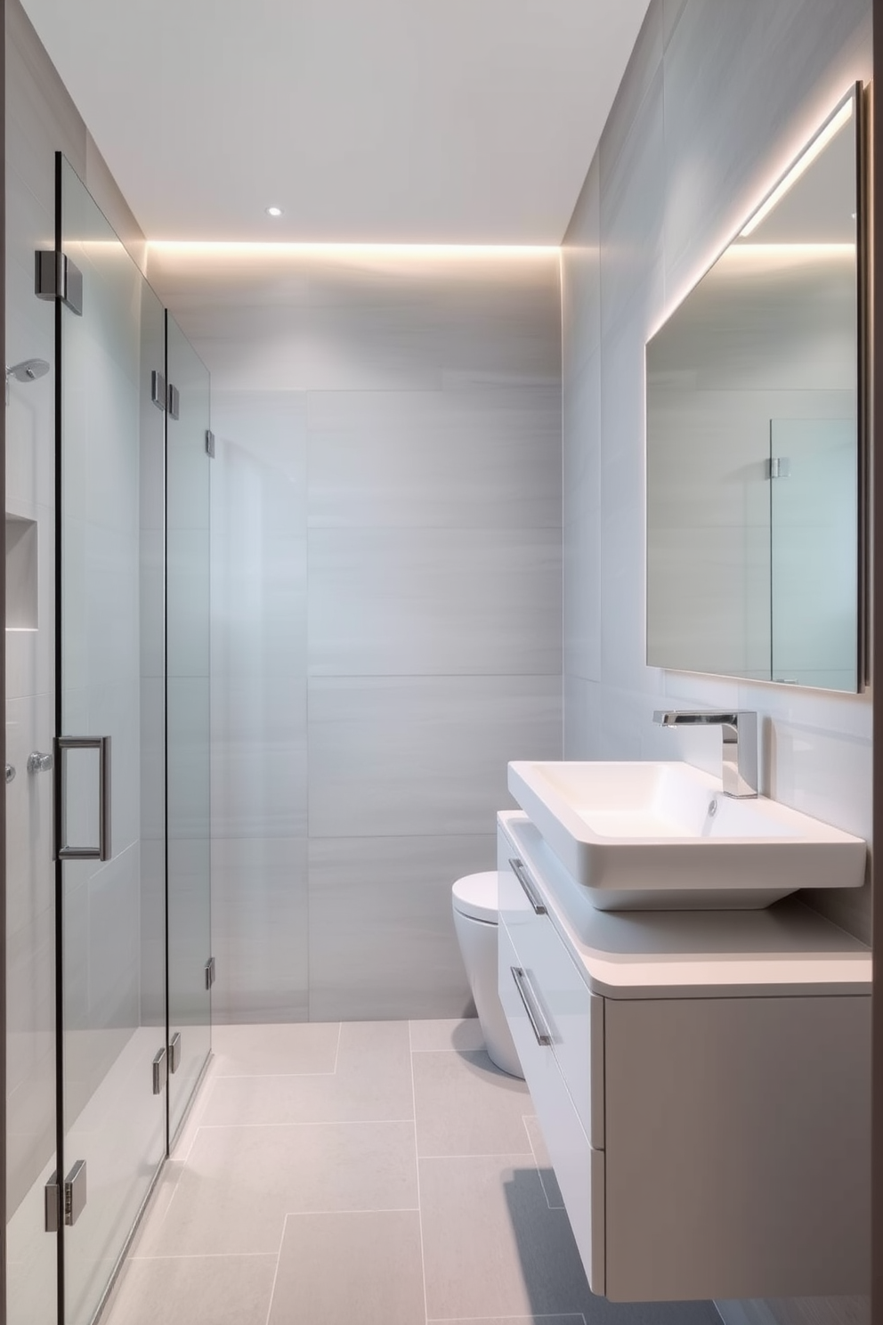 A narrow bathroom space featuring natural wood accents and soft neutral tones. The walls are clad in light wood paneling, creating a warm and inviting atmosphere. A sleek floating vanity made of reclaimed wood is paired with a stone sink. Above the vanity, a large round mirror reflects the natural light coming from a small window adorned with sheer linen curtains.