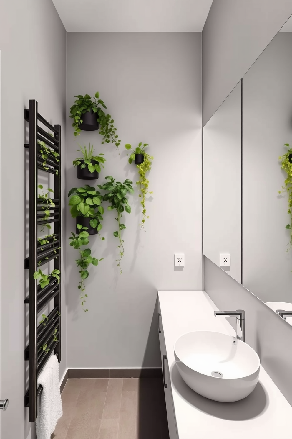 A narrow bathroom design featuring a sleek, elongated layout. The walls are adorned with soft gray tiles, and a floating vanity with a quartz countertop is positioned against one side. Decorative hooks for towels and robes are mounted on the opposite wall, adding both functionality and style. A large, frameless mirror reflects the light, enhancing the sense of space in the room.