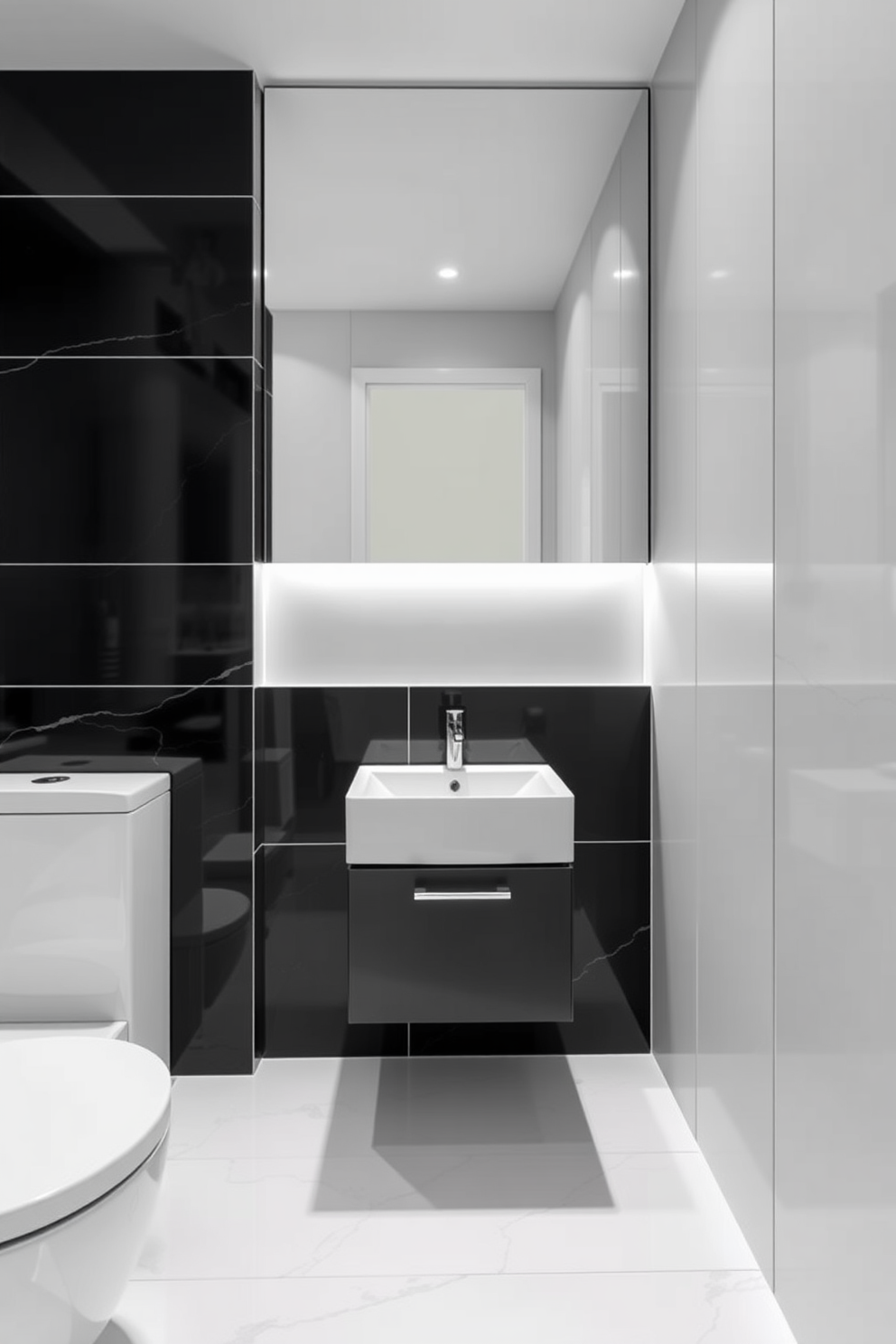 A sleek narrow bathroom design featuring a monochrome color scheme. The walls are adorned with large format black tiles, and the floor is finished with glossy white tiles for contrast. The centerpiece is a floating vanity with a minimalist design, equipped with a single basin and a stylish wall-mounted faucet. Above the vanity, a large frameless mirror reflects the clean lines and simplicity of the space.