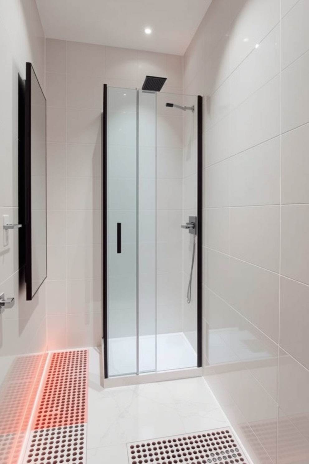 A narrow bathroom design featuring heated flooring for added comfort. The walls are adorned with sleek, light-colored tiles that create an illusion of space. A compact vanity with a minimalist design is situated against one wall, complemented by a wall-mounted mirror above it. The shower area is enclosed with glass, allowing for an open and airy feel while maximizing the narrow layout.