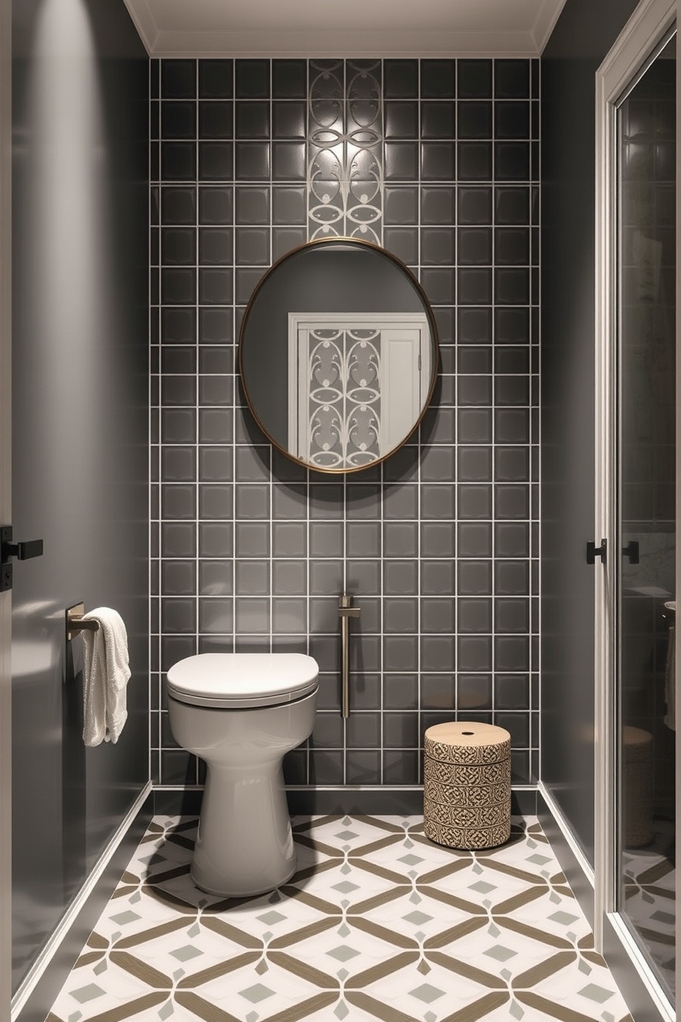 A narrow bathroom featuring a minimalistic design approach. The walls are painted in a soft white hue, creating an open and airy feel. A sleek floating vanity with a single sink is mounted against one wall, complemented by a simple round mirror above. The floor is adorned with large light gray tiles that enhance the sense of space. To maximize storage, slim cabinets are integrated into the design, maintaining a clutter-free environment. A single potted plant adds a touch of greenery without overwhelming the simplicity of the space.