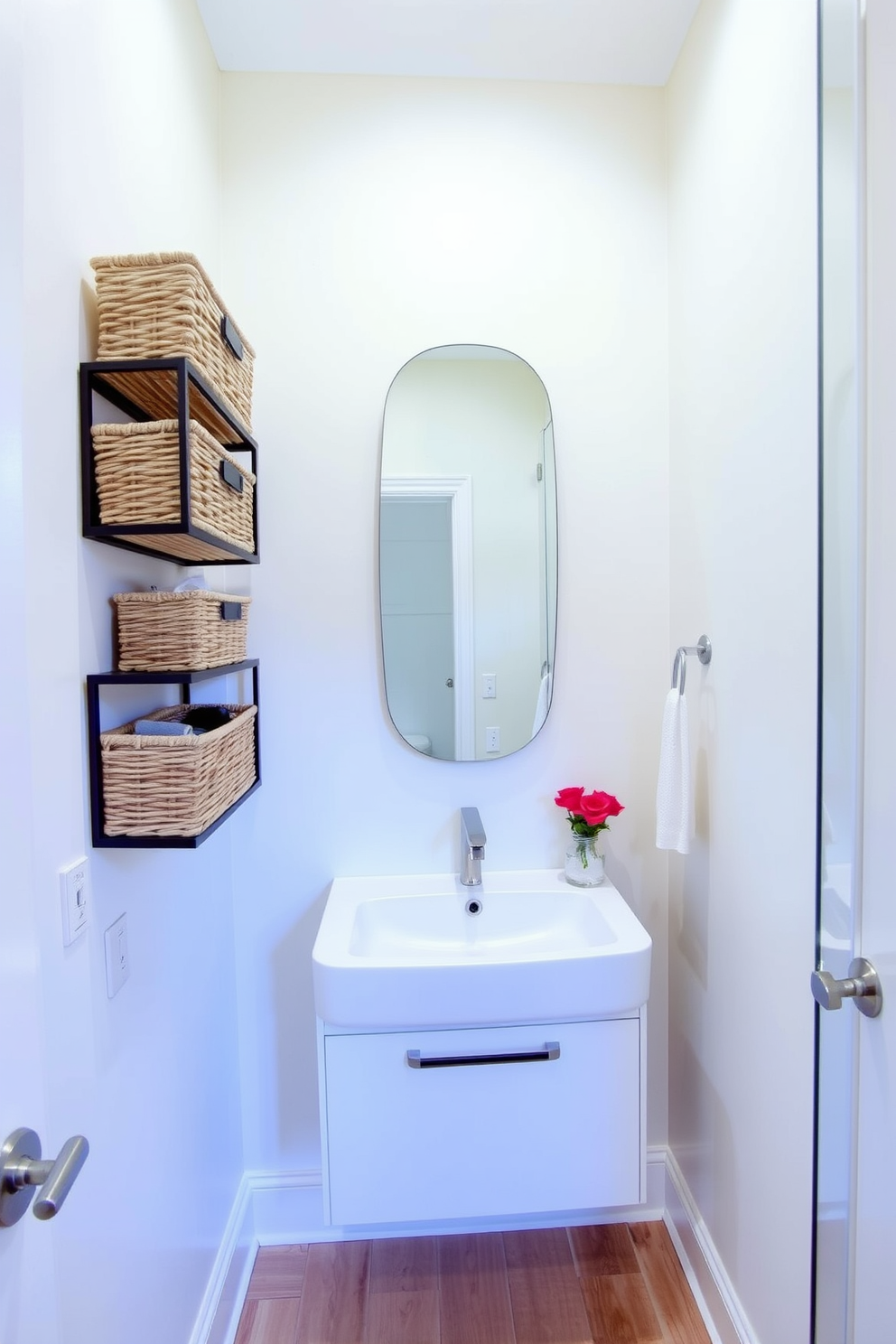 A sleek narrow bathroom featuring a monochromatic color scheme in shades of gray. The walls are clad in textured gray tiles, while a floating vanity with a matching countertop provides a modern touch. A large frameless mirror spans the length of the vanity, reflecting the understated elegance of the space. Minimalist fixtures in brushed nickel complete the look, ensuring a cohesive and sophisticated design.