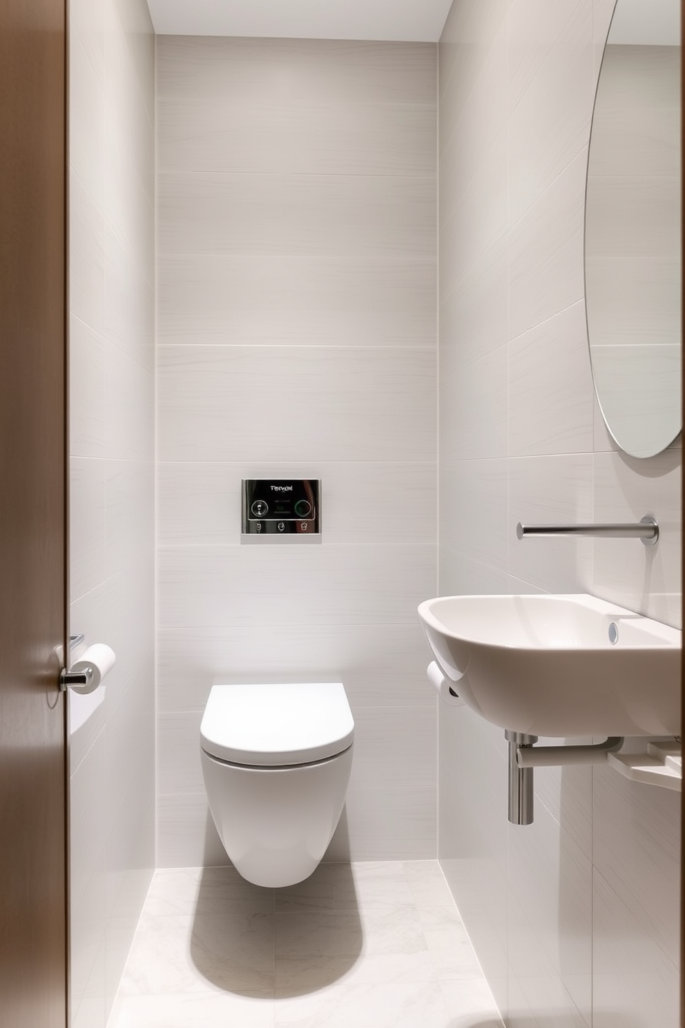 A narrow bathroom design featuring a wall-mounted toilet to maximize space efficiency. The walls are adorned with sleek, light-colored tiles that create an airy atmosphere, while a small, modern sink complements the minimalist aesthetic.