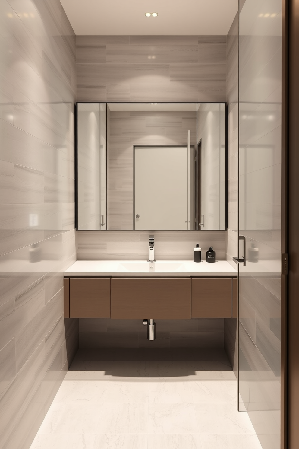 A narrow bathroom design featuring a fold-down vanity that maximizes space while providing functionality. The walls are adorned with light gray tiles, and a sleek, modern faucet complements the minimalist aesthetic. A large mirror spans the width of the vanity, enhancing the sense of openness in the room. Soft, ambient lighting illuminates the space, creating a warm and inviting atmosphere.