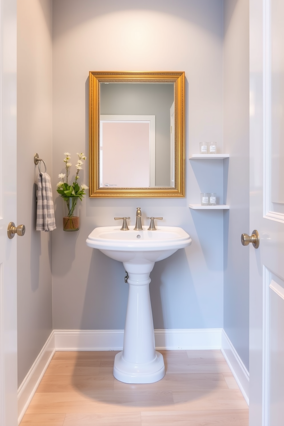 A narrow bathroom features a classic pedestal sink with elegant curves and a white finish. The walls are adorned with soft gray paint, and a large, framed mirror hangs above the sink, enhancing the sense of space. To maximize functionality, wall-mounted shelves are installed beside the sink for storage and display. The flooring consists of light-colored wood planks, creating a warm and inviting atmosphere.