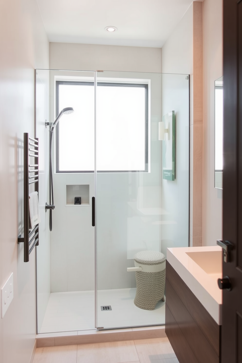 A sleek glass shower enclosure creates an open and airy feel, allowing natural light to flow through the space. The minimalist design features a frameless glass door that seamlessly blends with the surrounding decor. To maximize functionality in a narrow bathroom, consider using vertical storage solutions and light-colored tiles to enhance the sense of space. Incorporating a floating vanity can also provide an illusion of a larger area while maintaining a modern aesthetic.