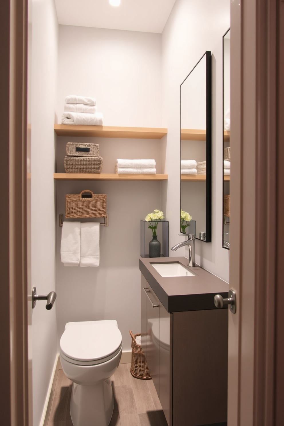 A narrow bathroom features vertical storage solutions that utilize wall space effectively. Tall shelves are installed above the toilet, holding neatly arranged towels and decorative baskets. The vanity is sleek and minimalistic, with a single sink and a floating design to create an illusion of more floor space. Soft lighting highlights the vertical lines of the cabinetry and mirrors, enhancing the overall ambiance.