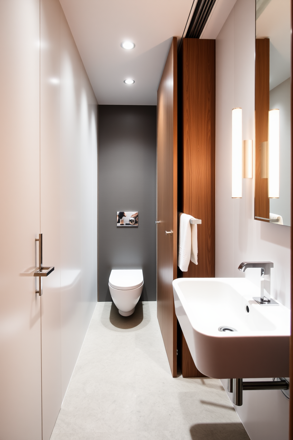 A narrow bathroom design featuring light-colored walls and a sleek white vanity. The space is adorned with large mirrors to create an illusion of depth, complemented by soft, ambient lighting. Incorporate floating shelves for storage and decorative items, enhancing the airy feel. Use light gray tiles for the floor, paired with white fixtures to maintain a clean and bright aesthetic.