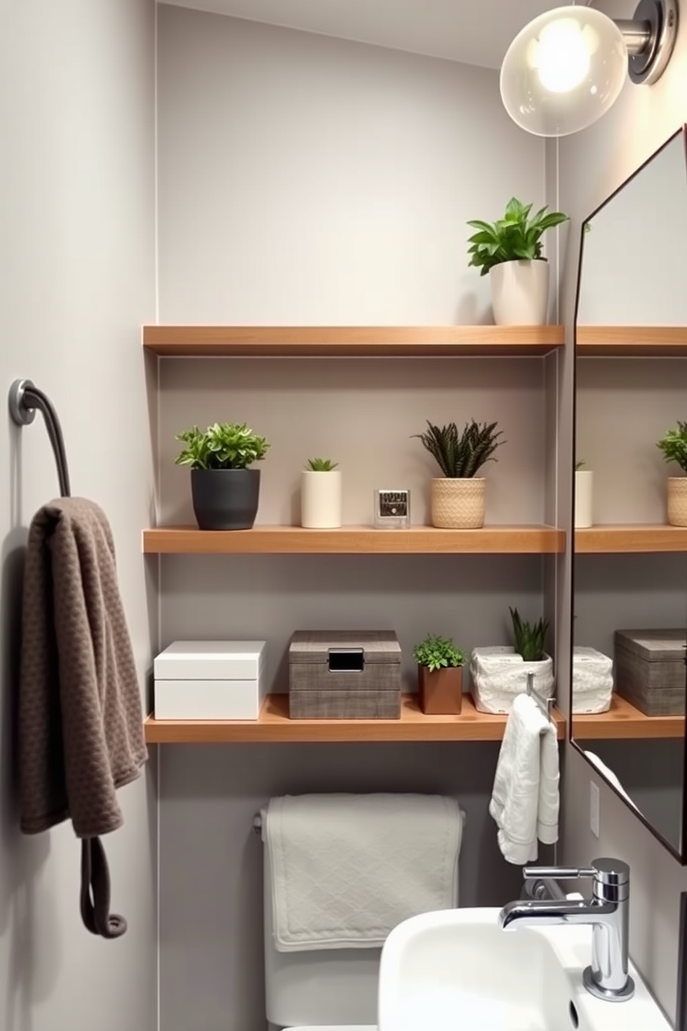 A narrow bathroom features sleek floating shelves that provide decorative storage without overwhelming the space. The shelves are adorned with carefully curated plants and stylish storage boxes, creating an organized yet inviting atmosphere.