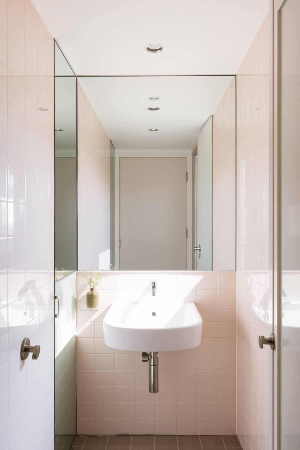 A narrow bathroom design featuring a large mirror that reflects natural light to create an airy atmosphere. The walls are adorned with soft pastel tiles, and sleek fixtures add a touch of modern elegance.