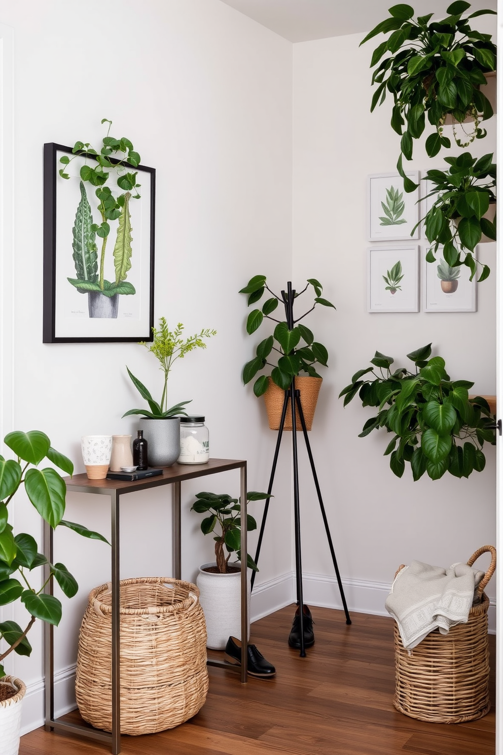 A narrow entryway adorned with lush indoor plants creates a welcoming atmosphere. The walls are painted in a soft neutral tone, and a sleek console table is placed against one side, topped with decorative items and a small potted plant. On the opposite wall, a series of framed botanical prints enhance the greenery theme. A stylish coat rack stands nearby, while a woven basket on the floor holds extra shoes and accessories, adding functionality and charm.