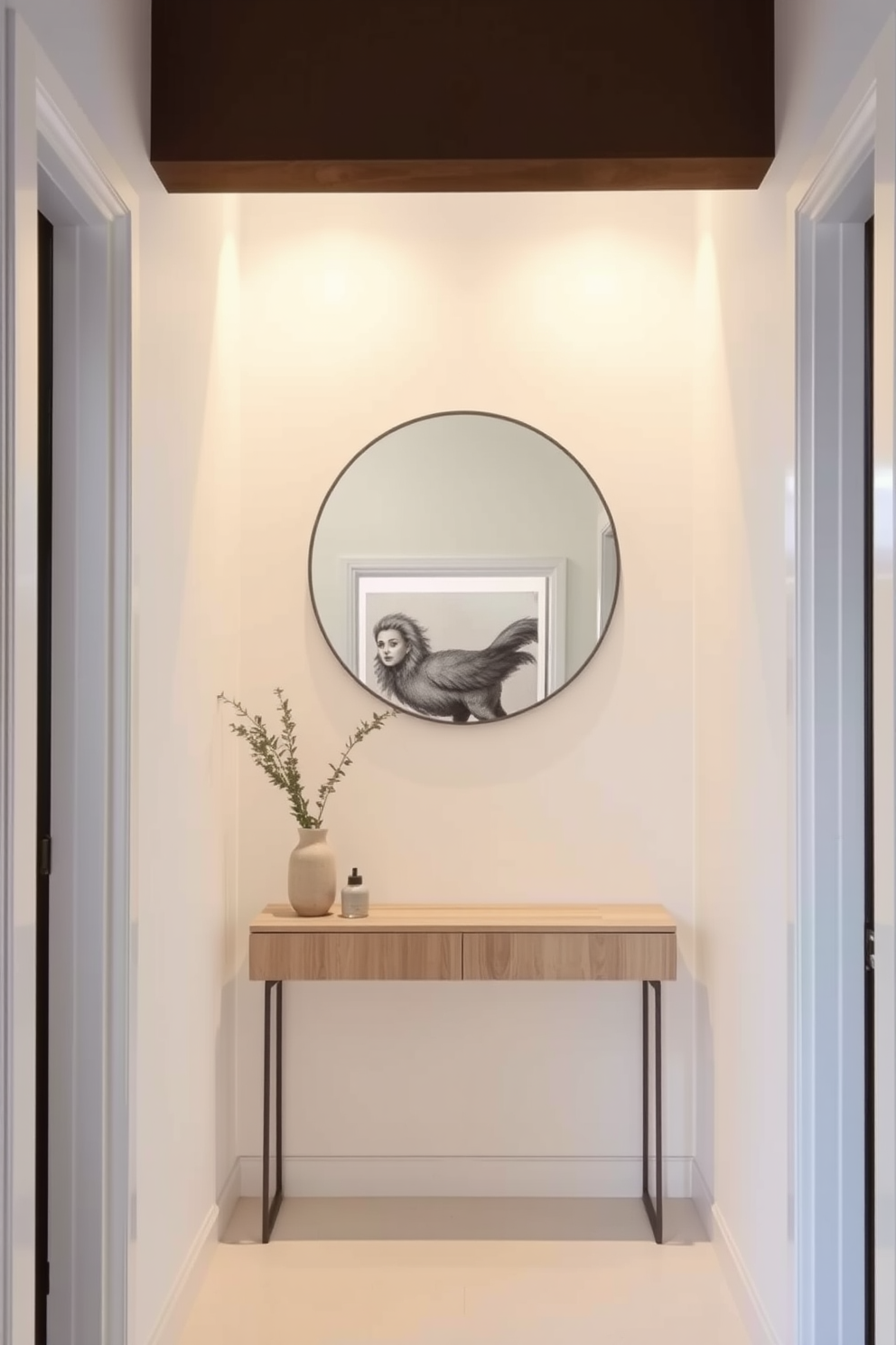 A narrow entryway with a round mirror that reflects light and creates a sense of openness. The walls are painted in a soft white hue, complemented by a sleek console table made of light wood.