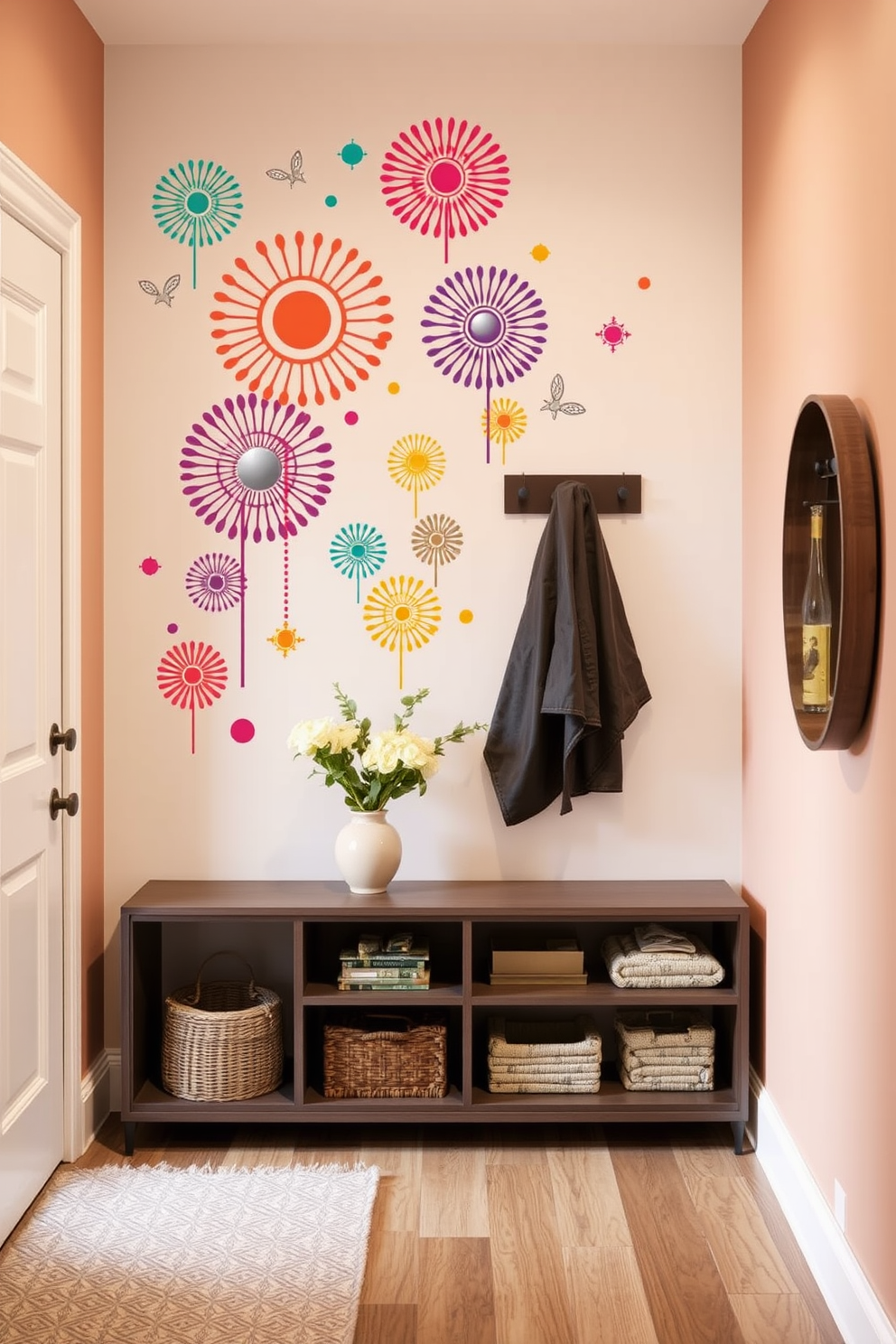 A narrow table is positioned against the wall, adorned with an assortment of decorative vases in varying heights and colors. The vases are filled with fresh flowers, creating a vibrant focal point in the entryway. The walls are painted in a soft neutral tone, complementing the natural wood finish of the narrow table. A stylish mirror hangs above the table, reflecting light and enhancing the sense of space in the entryway.