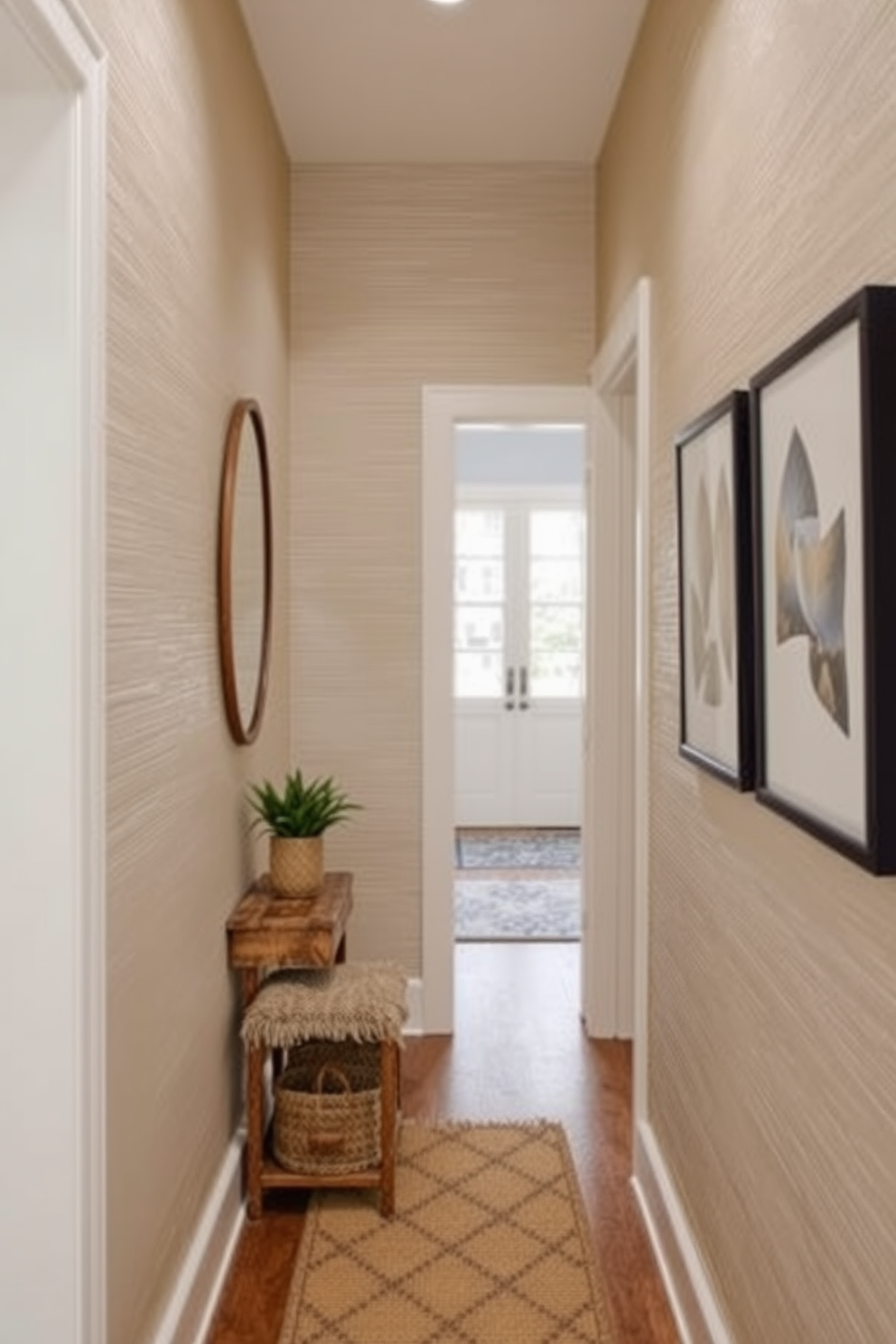 Textured wall paneling adds depth and character to a narrow entryway. Incorporate a mix of materials such as wood and fabric to create a warm and inviting atmosphere.