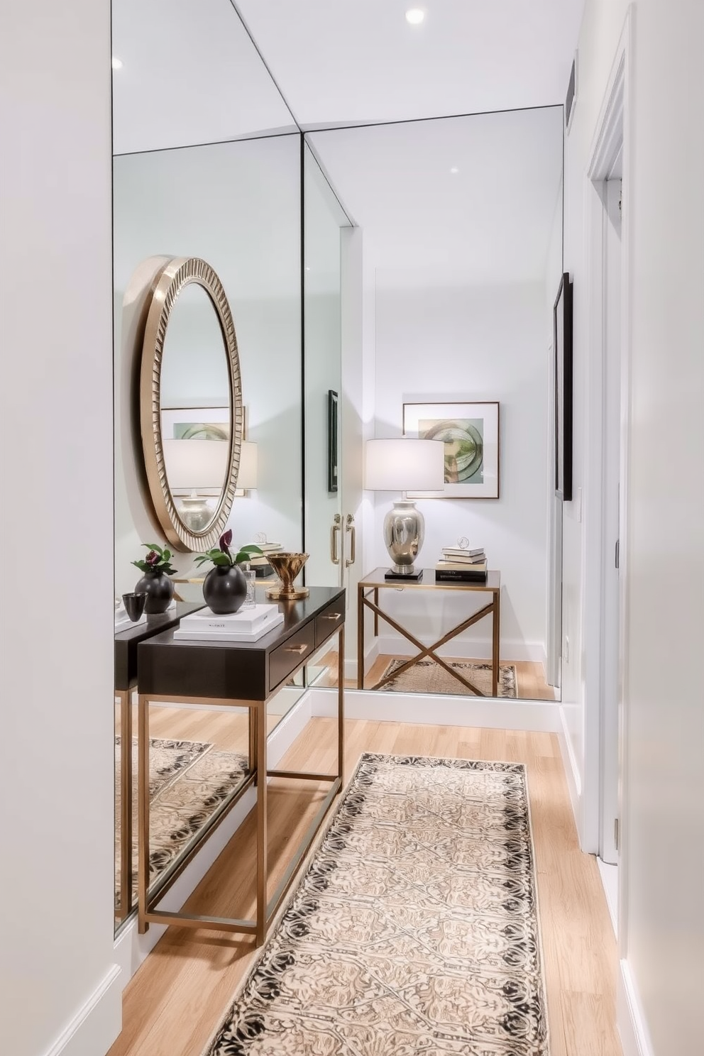 Floating shelves for added storage space. The shelves are made of reclaimed wood and are mounted on the wall above a sleek console table. Narrow entryway design ideas. The entryway features a slim bench with built-in storage and a large round mirror that enhances the sense of space.