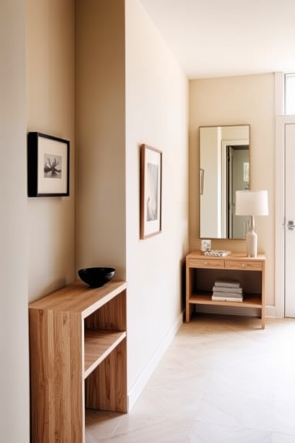 A narrow entryway designed with a calming atmosphere. The walls are painted in soft beige tones and adorned with minimalistic artwork. A sleek console table made of light wood sits against one wall, topped with a small decorative bowl and a stylish lamp. A large mirror with a simple frame reflects natural light, enhancing the feeling of space.