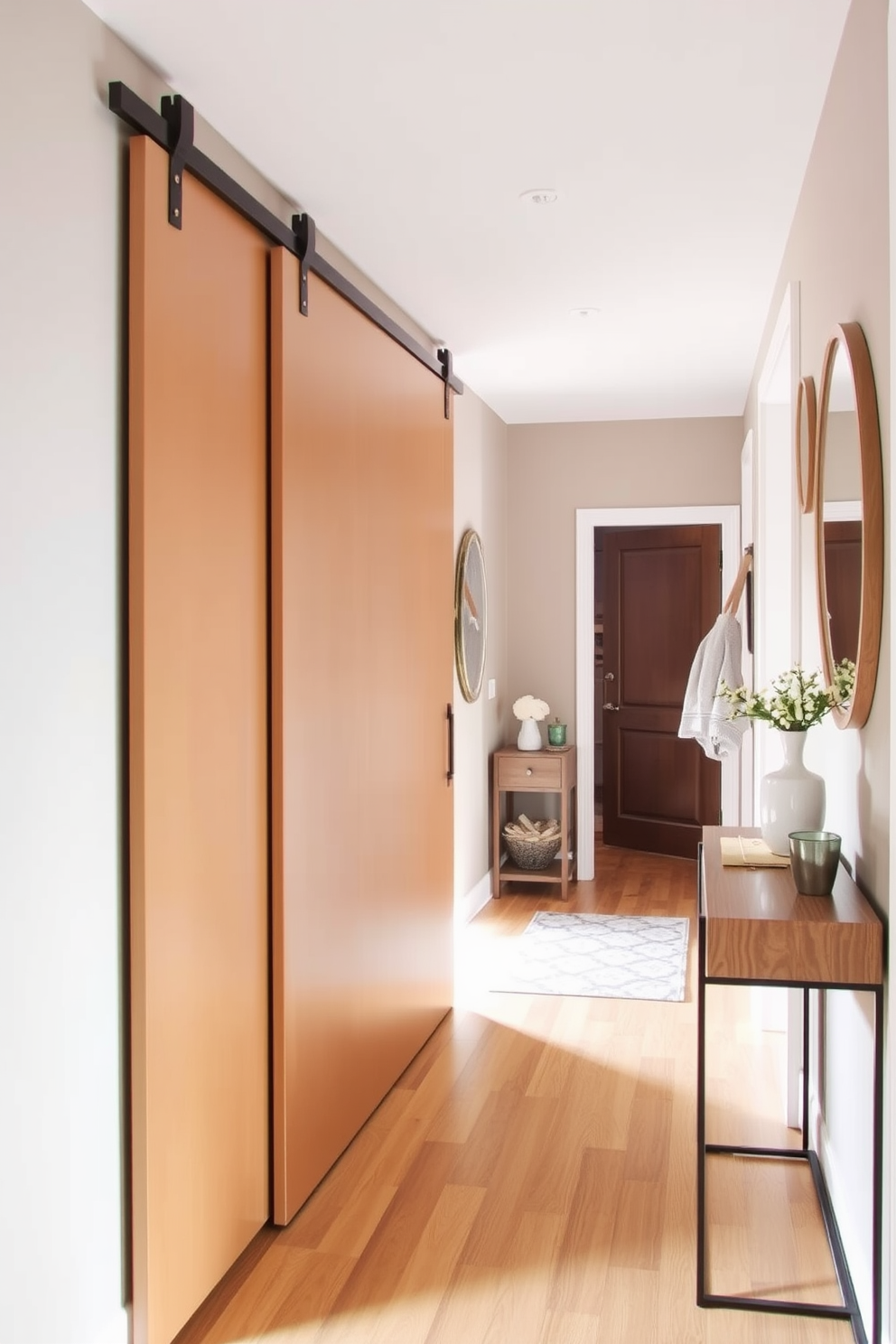 Creative use of space with a sliding door. The entryway features a sleek sliding door that maximizes floor space while providing easy access to the adjoining room. Narrow entryway design ideas. The walls are adorned with vertical storage solutions and a narrow console table, creating a welcoming yet functional atmosphere.