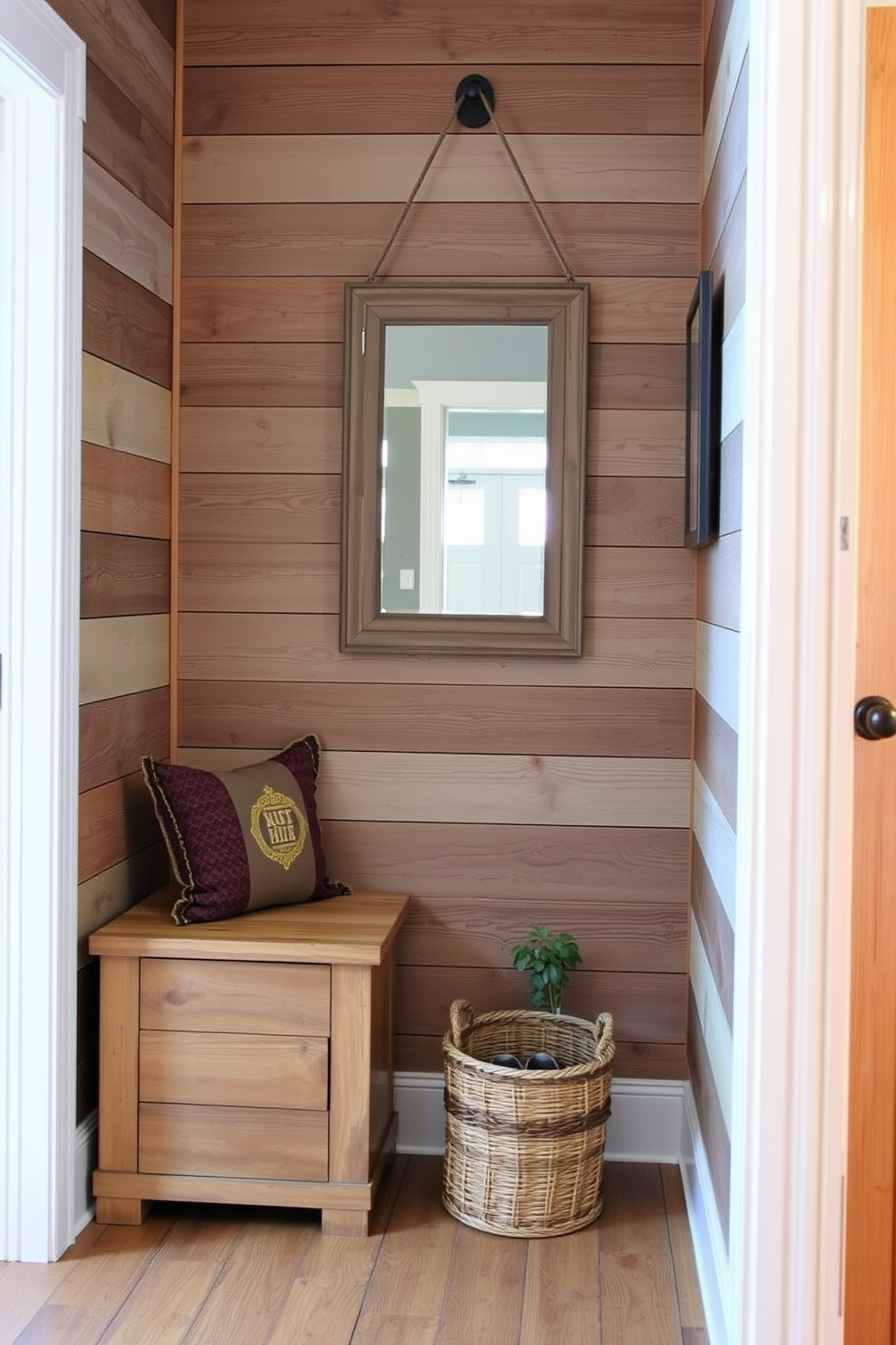 A narrow entryway featuring minimalist design with clean lines. The walls are painted in a soft white hue, and the floor is a light natural wood, creating an airy feel. A sleek console table made of glass sits against one wall, adorned with a simple decorative bowl. A large round mirror hangs above the table, reflecting the light and enhancing the sense of space.