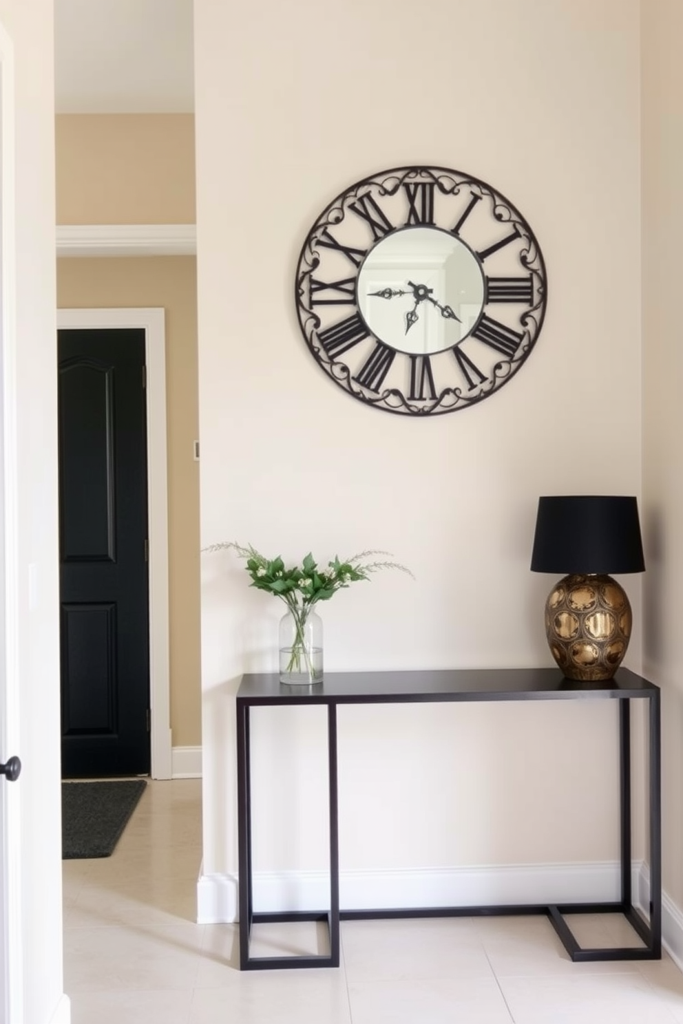 A decorative wall clock with an intricate design hangs elegantly on the wall. Its vintage charm adds a touch of timeless style to the room. The narrow entryway features a sleek console table against the wall. Above the table, a stylish mirror enhances the space while providing functionality.