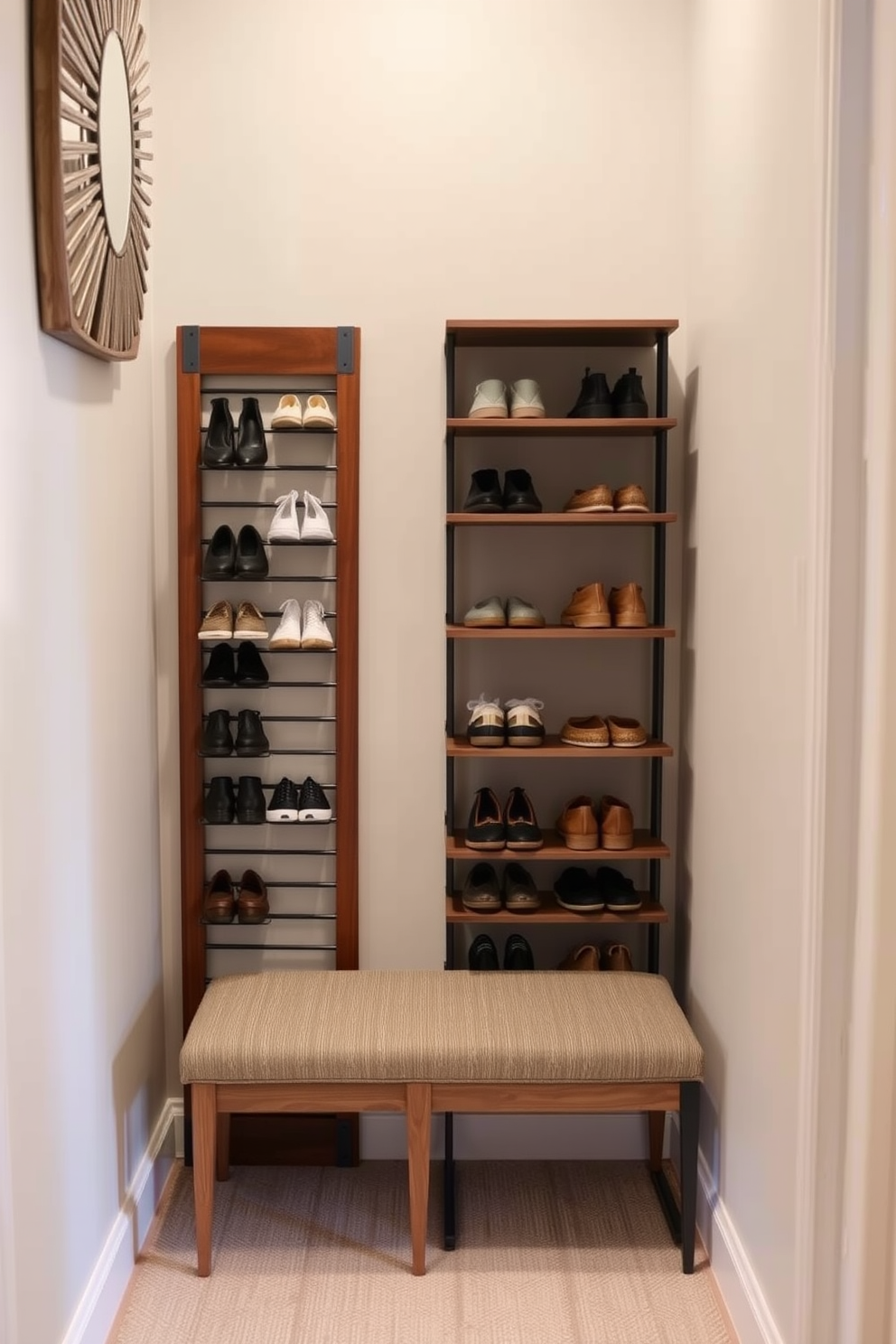 A stylish vertical shoe rack is positioned against the wall in a narrow entryway, maximizing limited space while providing organized storage for footwear. The rack features a modern design with sleek lines and a combination of wood and metal finishes, enhancing the overall aesthetic of the entryway. Adjacent to the shoe rack, a small bench offers a practical seating area for putting on shoes, upholstered in a soft fabric that complements the color scheme. The walls are painted in a light neutral tone, and a decorative mirror hangs above the bench, creating an illusion of more space and adding a touch of elegance.