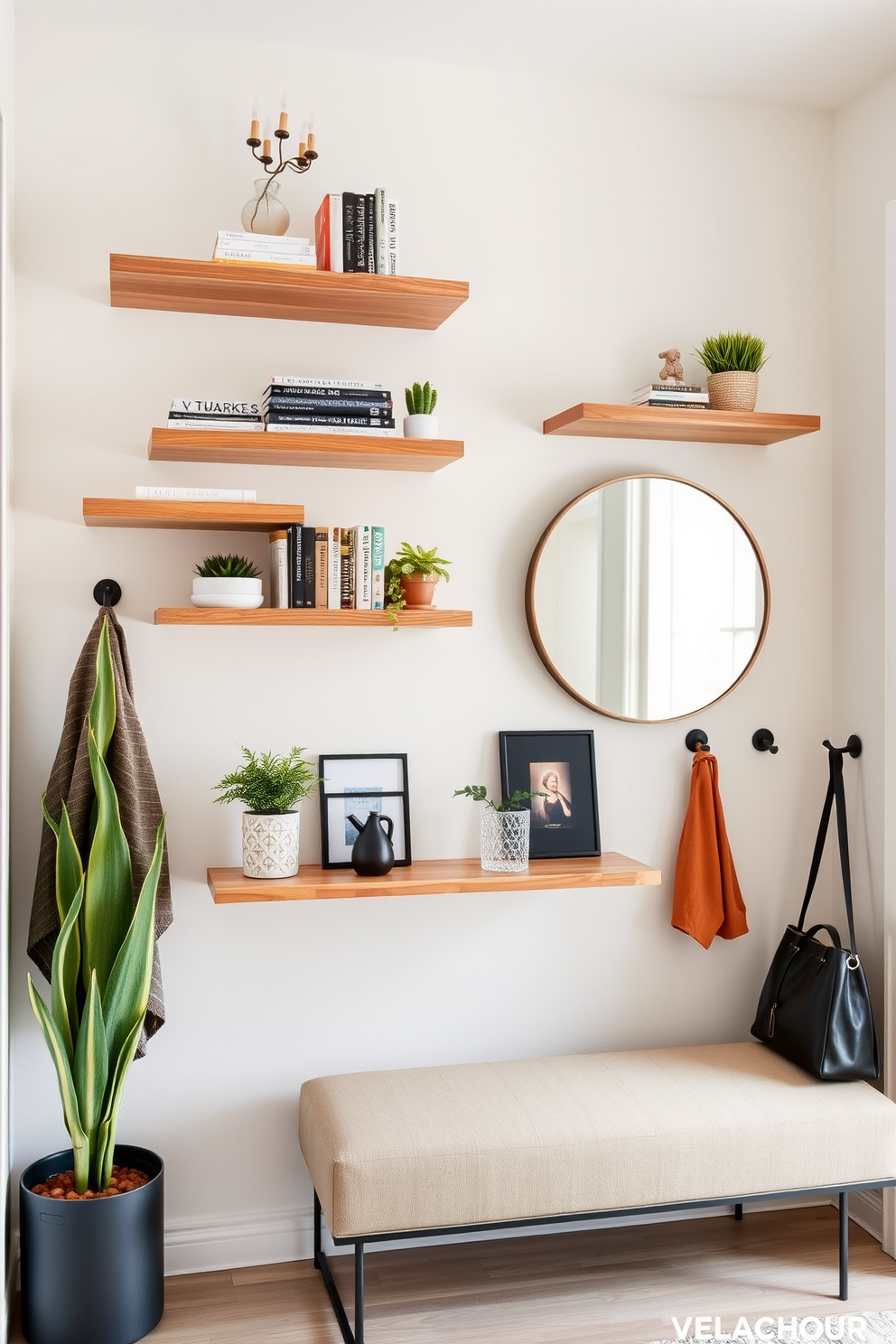 Floating shelves for decorative items. The shelves are made of natural wood and are arranged asymmetrically on the wall, showcasing a mix of books, plants, and art pieces. Narrow entryway design ideas. The space features a slim console table with a round mirror above it, complemented by a stylish bench and wall hooks for coats and bags.