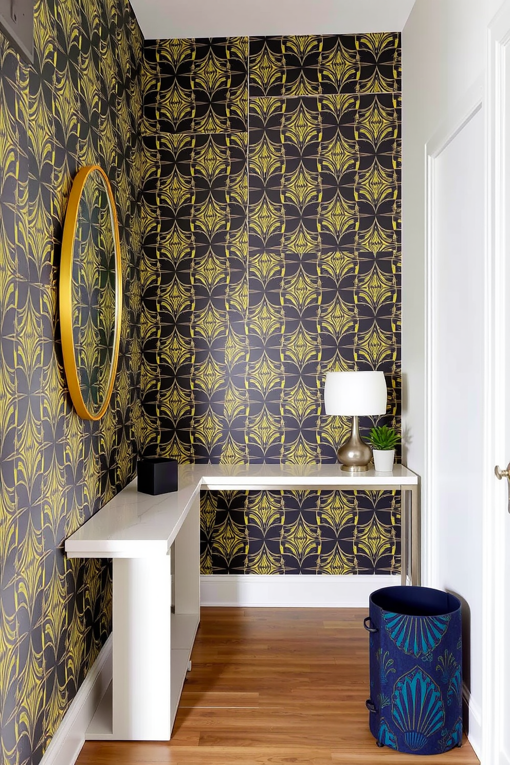 A narrow entryway features bold wallpaper with an eye-catching geometric pattern that creates a striking focal point. The space is enhanced by a sleek console table with a modern lamp and a small potted plant for a touch of greenery.