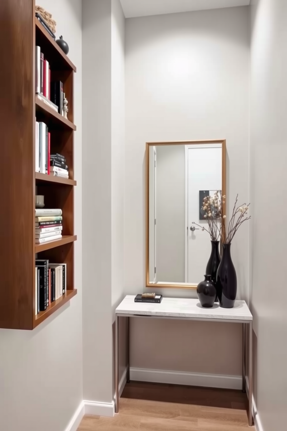 A narrow foyer features a sleek console table made of reclaimed wood against the wall. Decorative baskets are neatly arranged underneath the table, providing stylish organization for shoes and accessories. The walls are painted in a soft neutral tone, enhancing the sense of space. A round mirror hangs above the console, reflecting light and creating an inviting atmosphere.