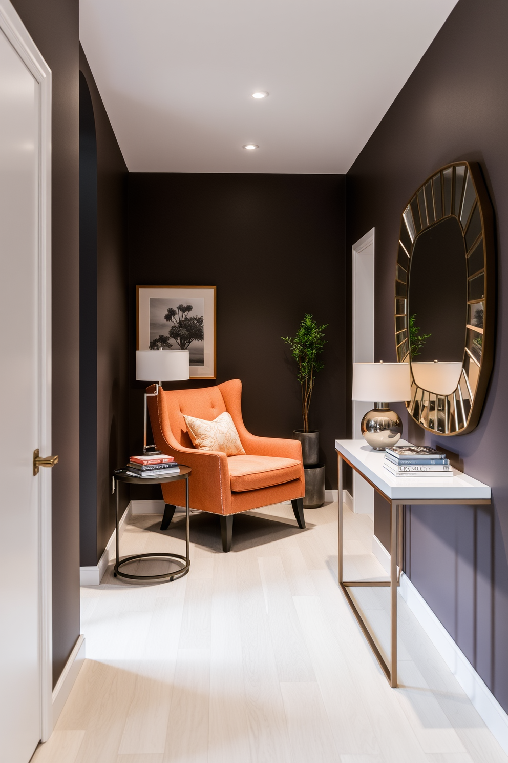 A stylish accent chair is placed in the corner of the foyer, upholstered in a soft fabric with a warm color palette. The chair is complemented by a small side table, adorned with a decorative lamp and a few curated books. The narrow foyer features a sleek console table against the wall, topped with a striking mirror that enhances the space. Soft lighting illuminates the area, creating an inviting atmosphere while a small plant adds a touch of greenery.