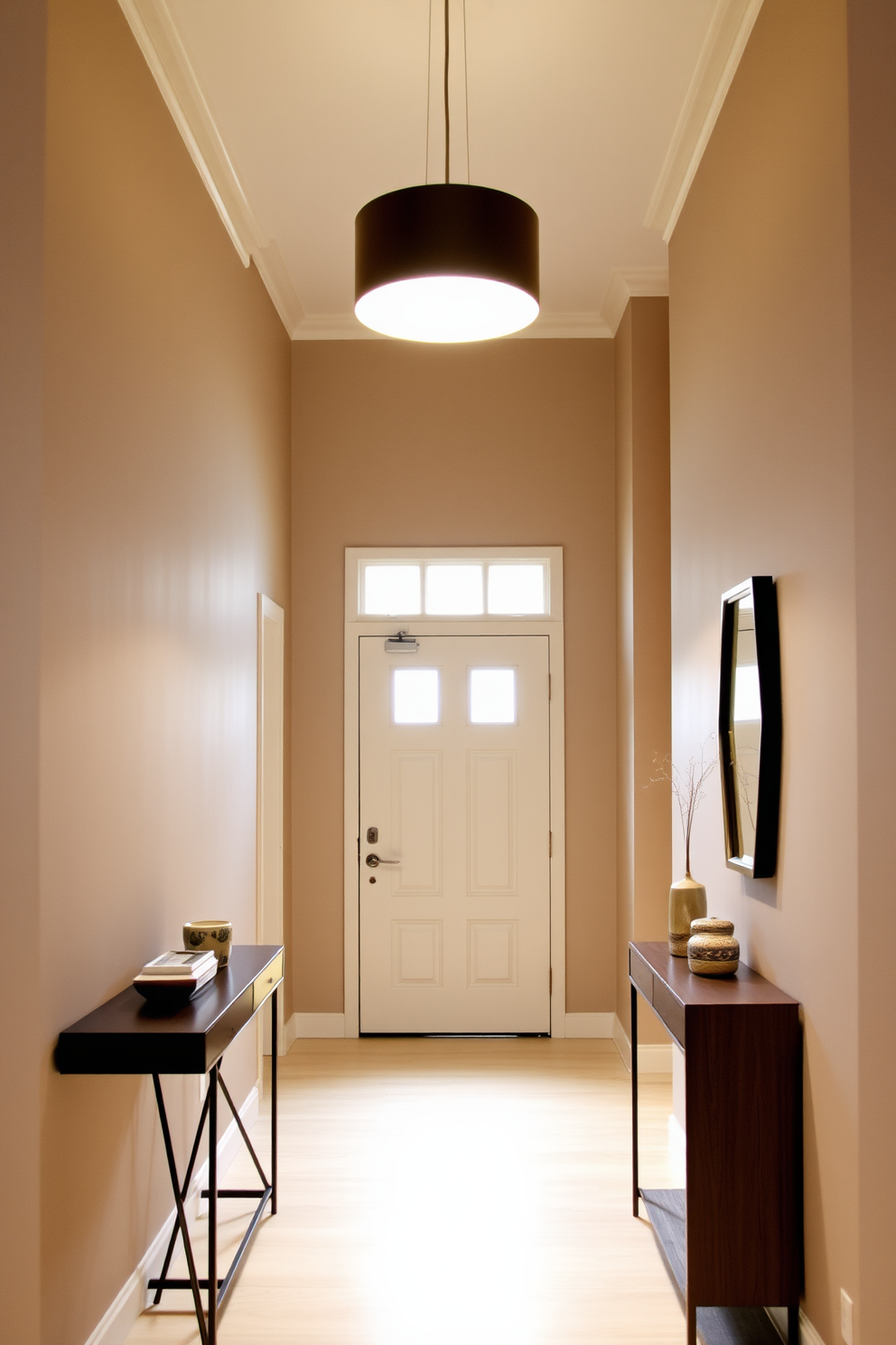 A narrow foyer with a sleek overhead pendant light creates a dramatic entrance. The walls are adorned with a soft neutral paint, and a slim console table is placed against one side, topped with decorative items.