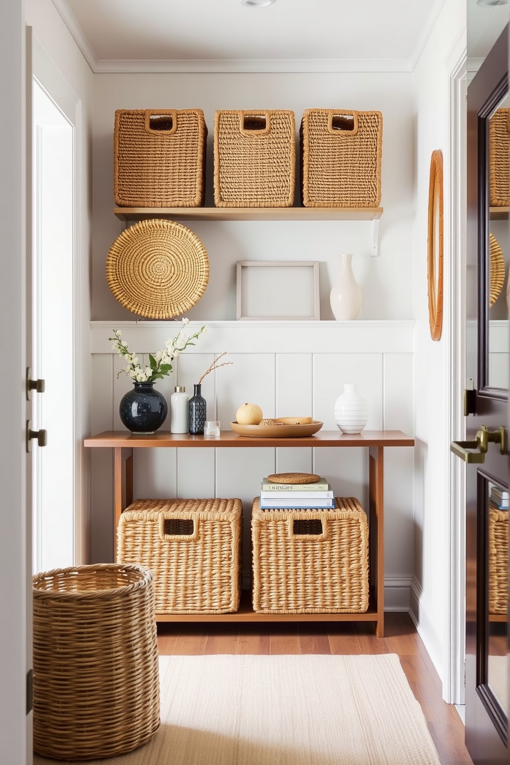 A narrow foyer features a sleek console table against one wall, adorned with a stylish vase and a small decorative mirror above it. A statement light fixture hangs gracefully from the ceiling, illuminating the space with a warm glow while enhancing the foyer's elegant ambiance.