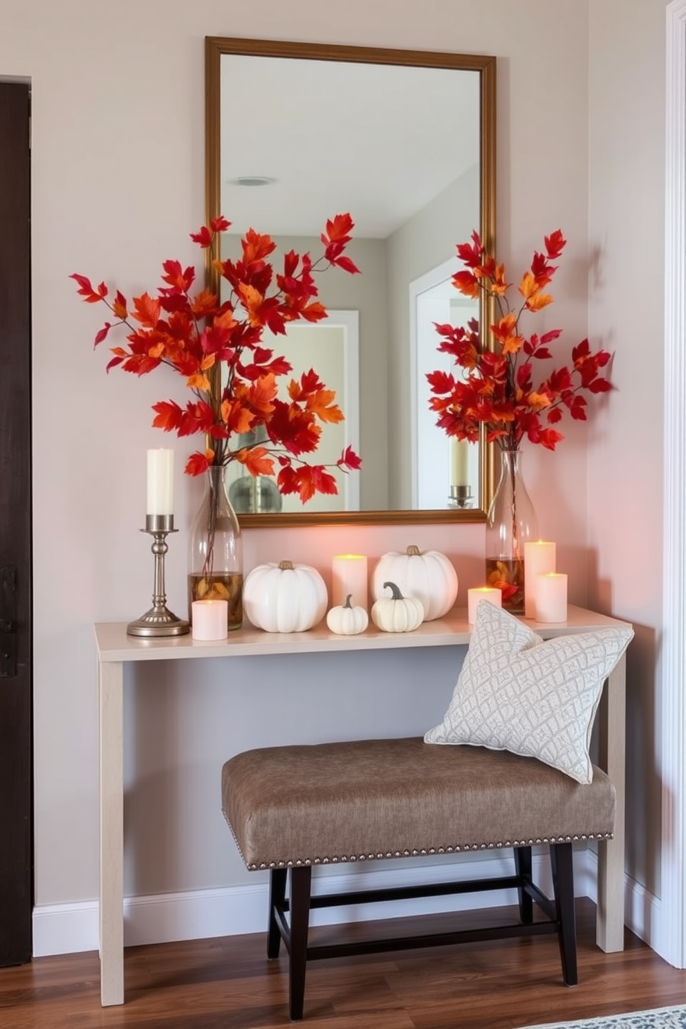 Seasonal decor for changing aesthetics. Incorporate vibrant autumn leaves in rich oranges and reds along with soft white pumpkins on a console table, complemented by warm candlelight for an inviting atmosphere. Narrow foyer design ideas. Use a slim console table against the wall with a large mirror above to create a sense of space, and add a stylish bench with storage underneath for both functionality and elegance.