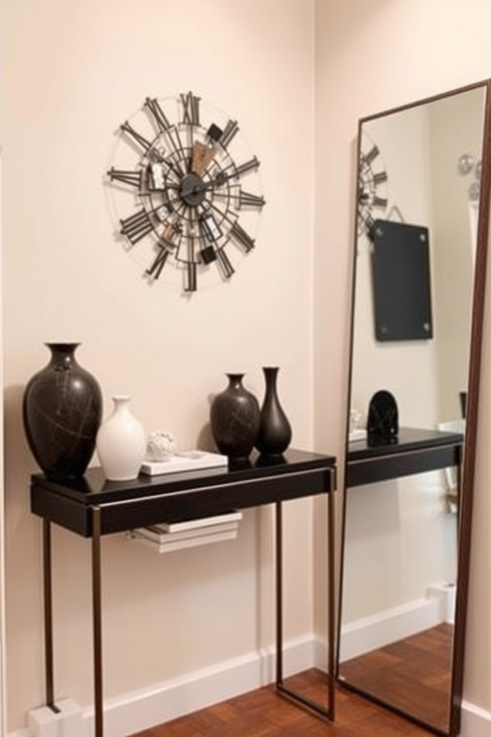 Artistic wall clock as a focal point. The clock features an intricate design with a blend of modern and vintage elements, set against a backdrop of soft, neutral-colored walls. Narrow foyer design ideas. The space incorporates a sleek console table with decorative items, complemented by a stylish mirror that enhances the sense of openness and light.