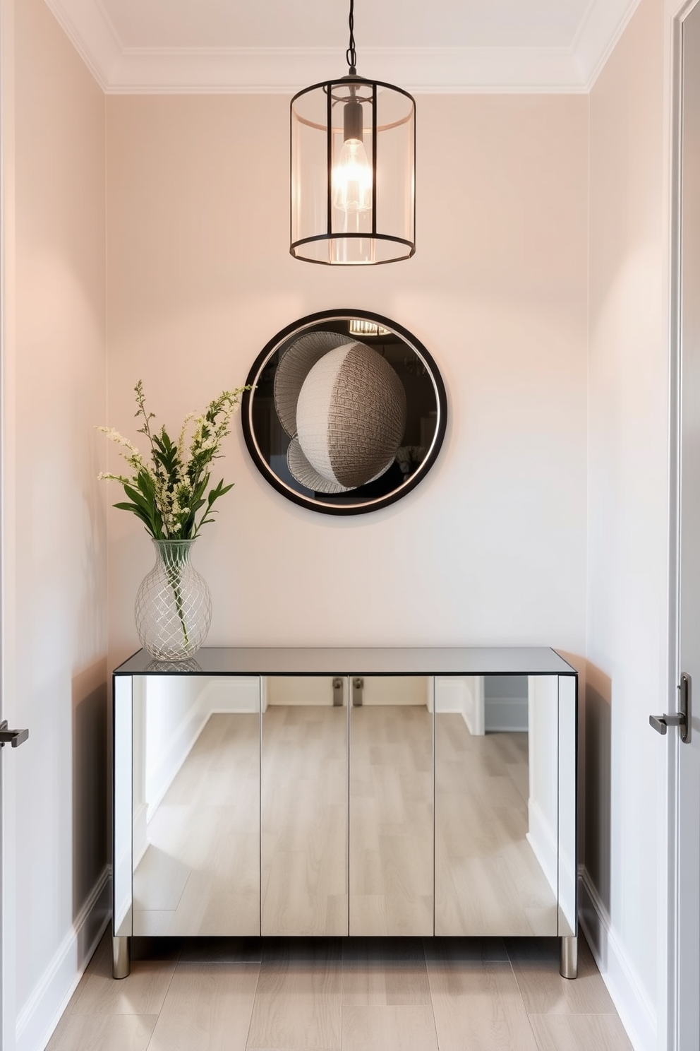 A narrow foyer features a sleek mirrored console table that reflects light and creates a sense of spaciousness. The walls are adorned with soft neutral tones, and a stylish pendant light hangs above to enhance the welcoming atmosphere.