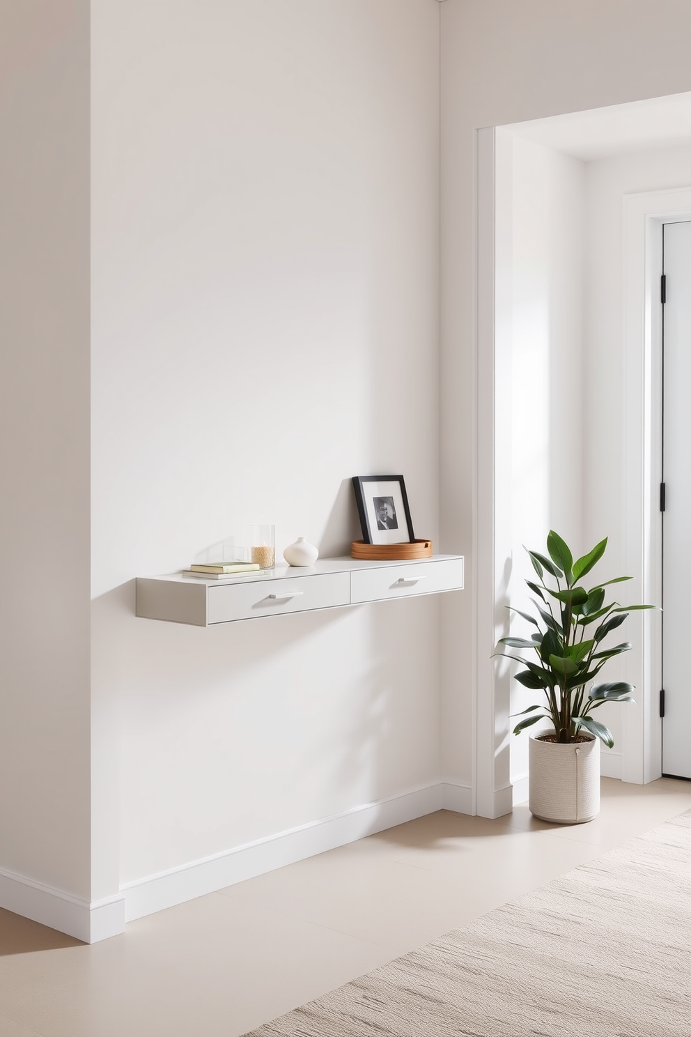 A narrow foyer featuring a sleek console table against a soft gray wall. Above the table, a round mirror with a brushed nickel frame reflects natural light, enhancing the space's openness. To the side, a decorative screen with intricate cut-out patterns provides privacy while adding a touch of elegance. A small potted plant sits on the console, bringing a hint of greenery to the entryway.