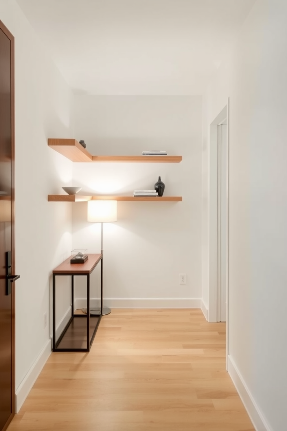 A narrow foyer features a stylish chalkboard mounted on the wall for messages and notes. The space is enhanced by a slim console table adorned with a decorative lamp and a small potted plant.