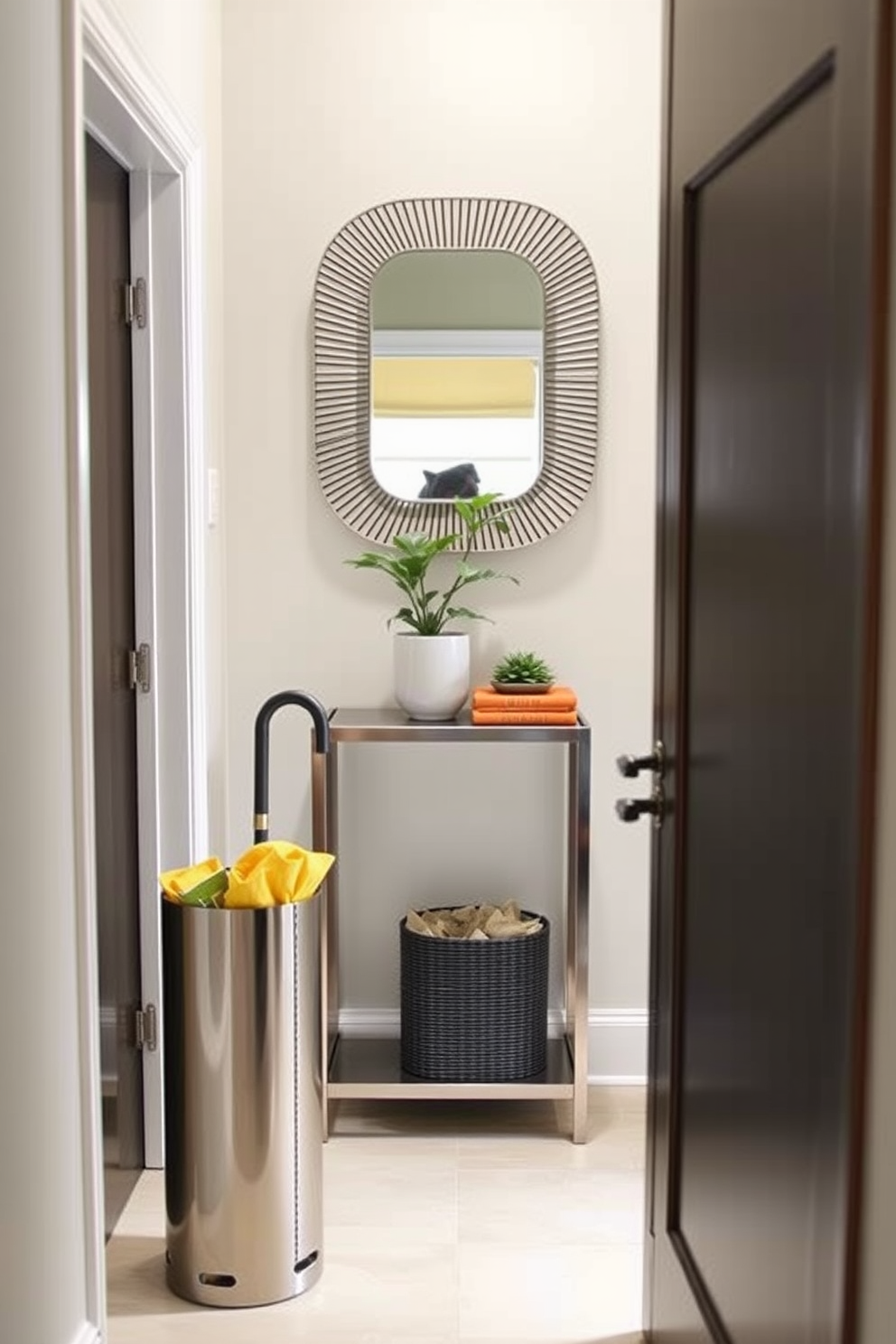 Chic umbrella stand for rainy days. A sleek, modern umbrella stand made of brushed stainless steel with a minimalist design sits in the corner of the foyer. Narrow Foyer Design Ideas. The foyer features a slim console table against the wall, adorned with a decorative mirror above and a small potted plant for a touch of greenery.