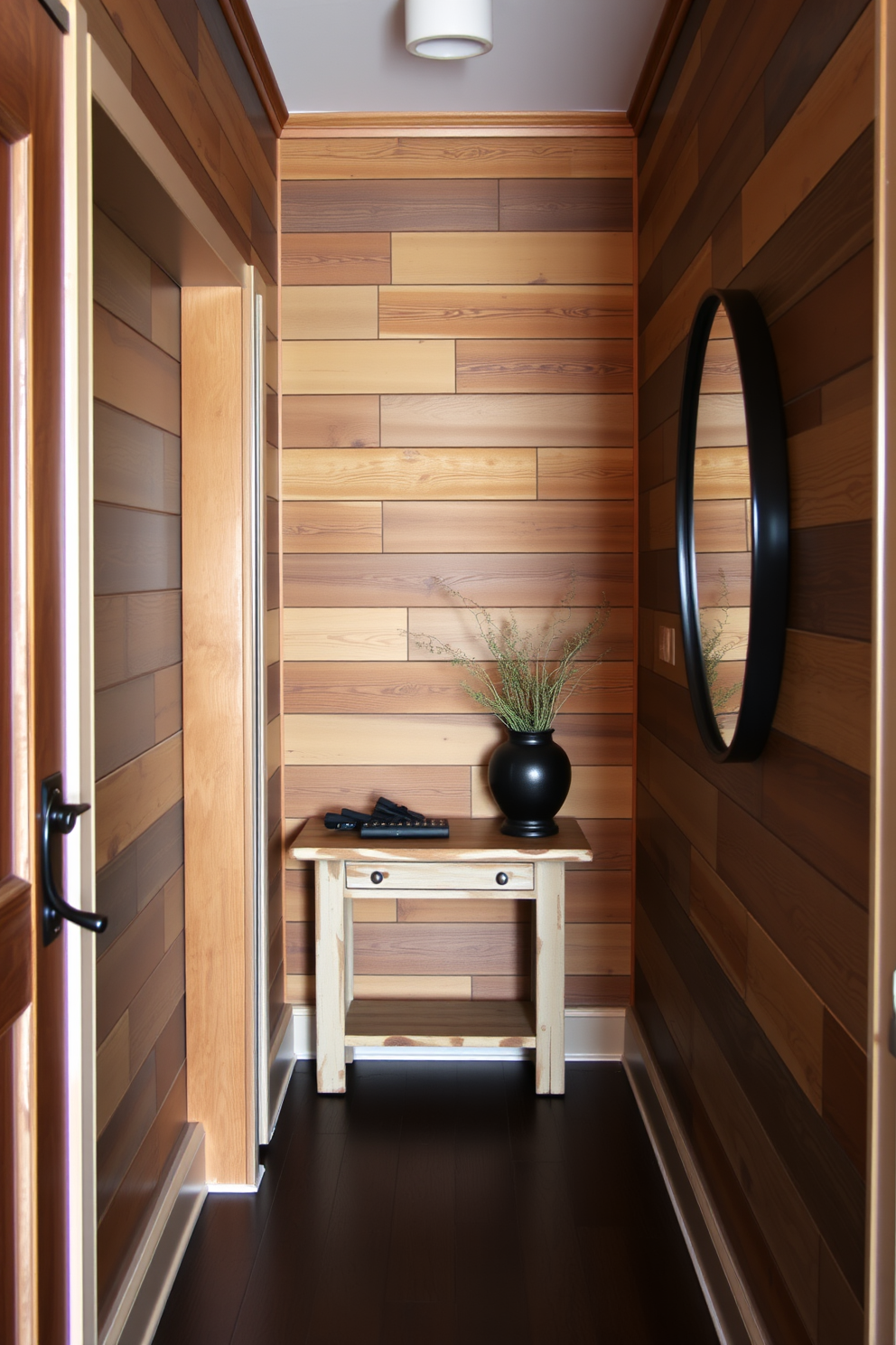 A narrow foyer with patterned tile flooring that adds visual interest and depth. The walls are painted in a soft neutral tone, complemented by a slim console table adorned with decorative objects and a stylish mirror above it.